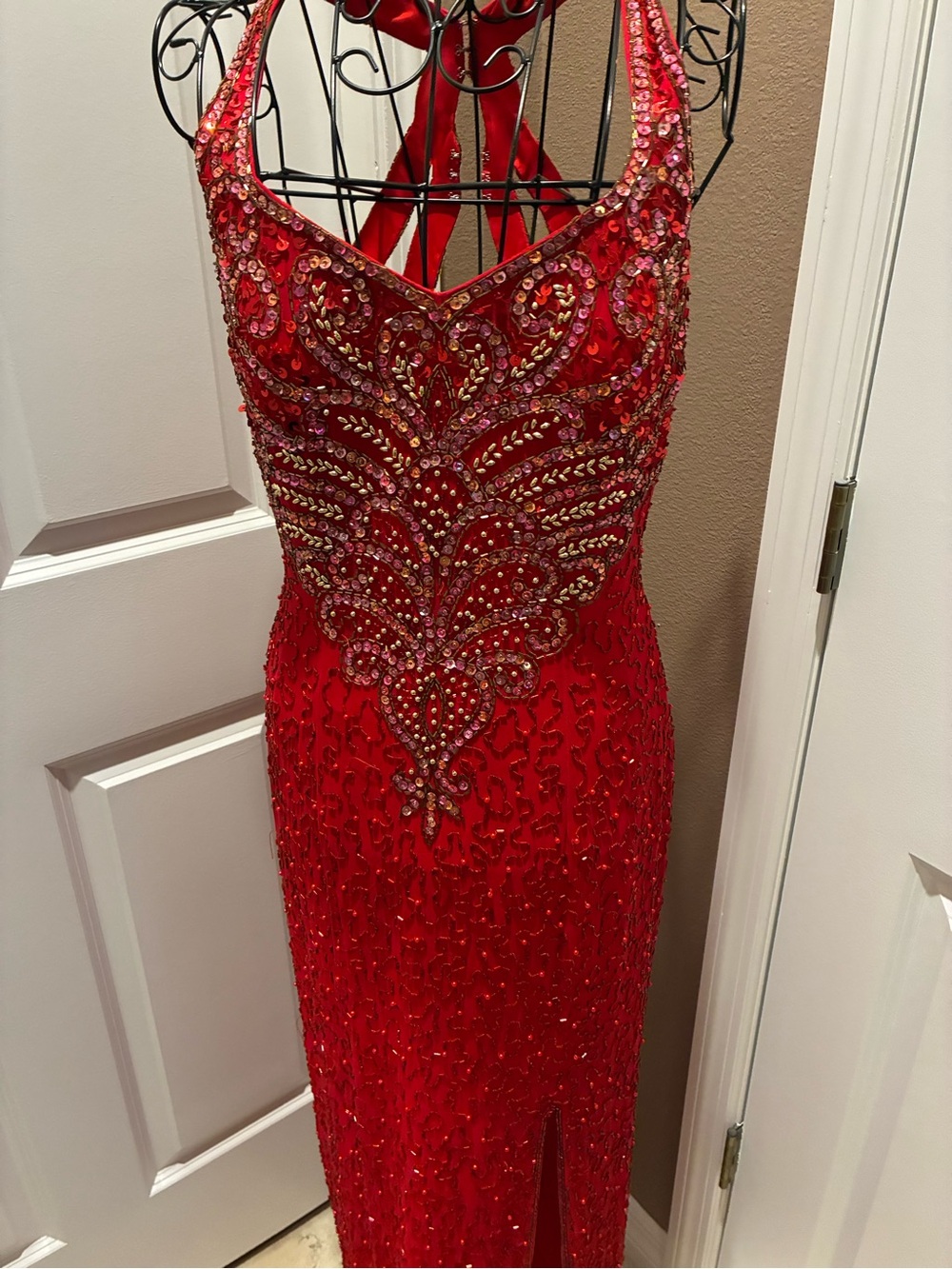 Red Beaded Evening Prom Dress with Ornate Embellishment